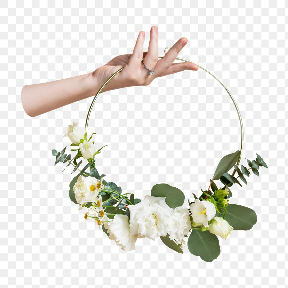 Hand holding png floral frame, transparent background