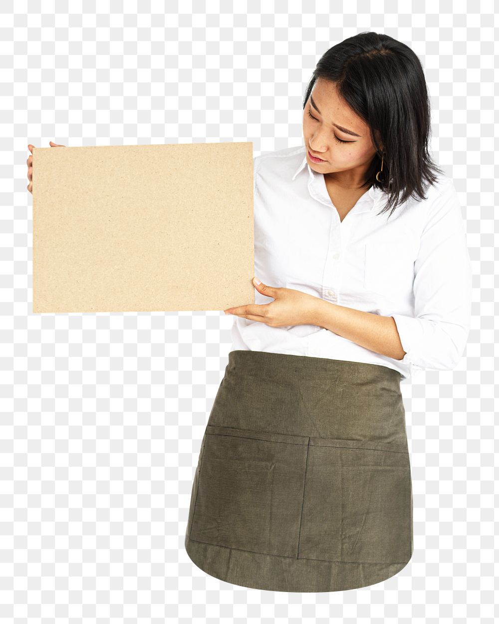 Woman holding placard png element, transparent background
