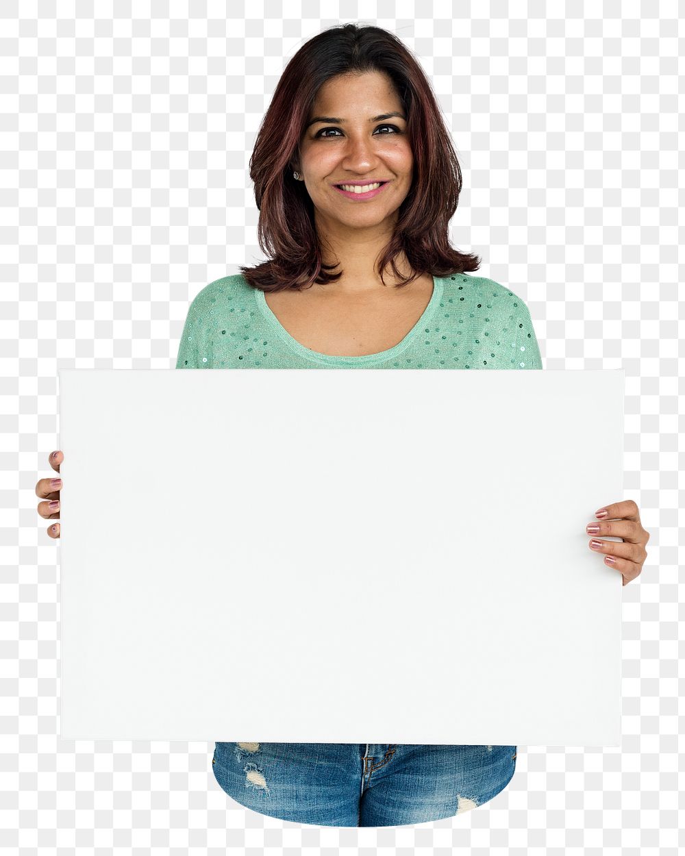 Woman holding placard png element, transparent background