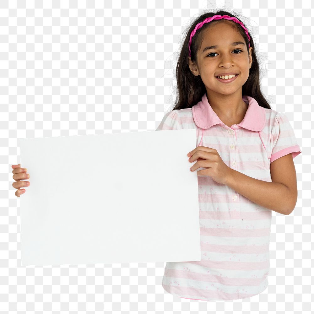 Kid holding blank paper png element, transparent background