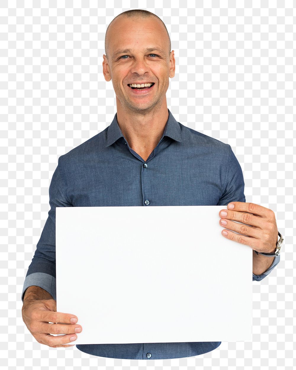 Man holding blank placard png element, transparent background