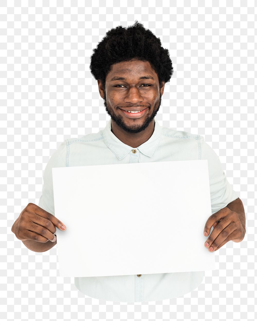 Man holding blank placard png element, transparent background