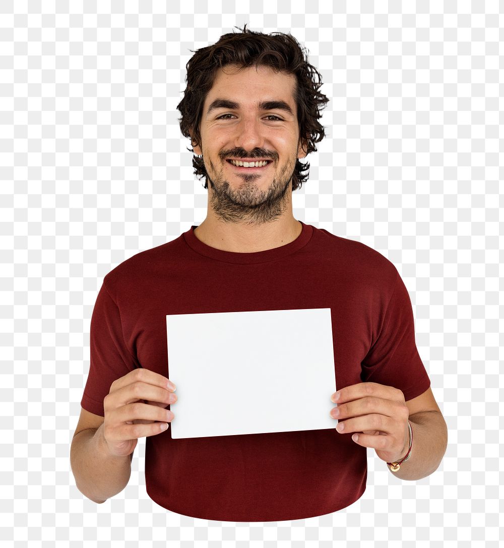 Man holding blank paper png element, transparent background