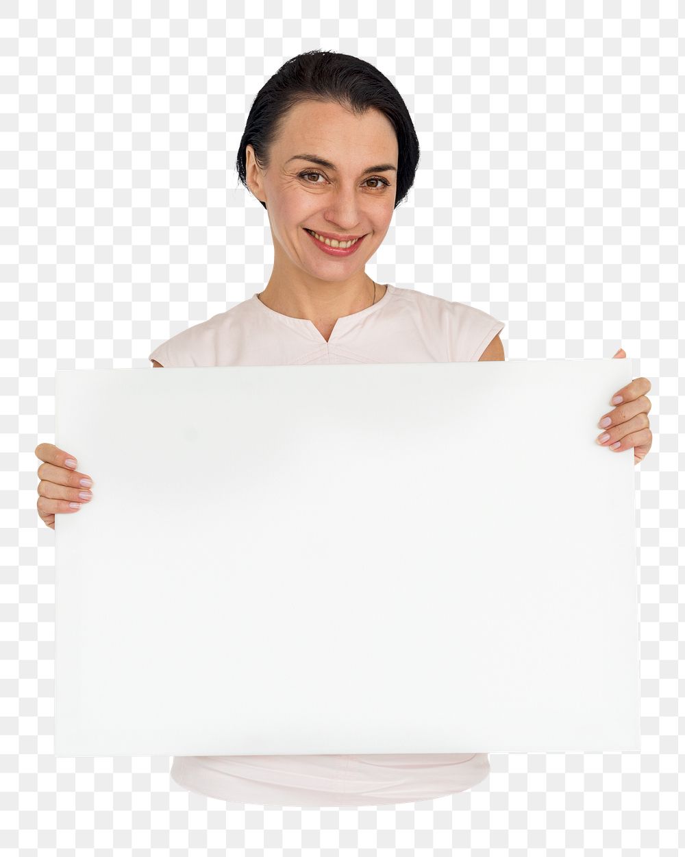 Woman holding sign png element, transparent background