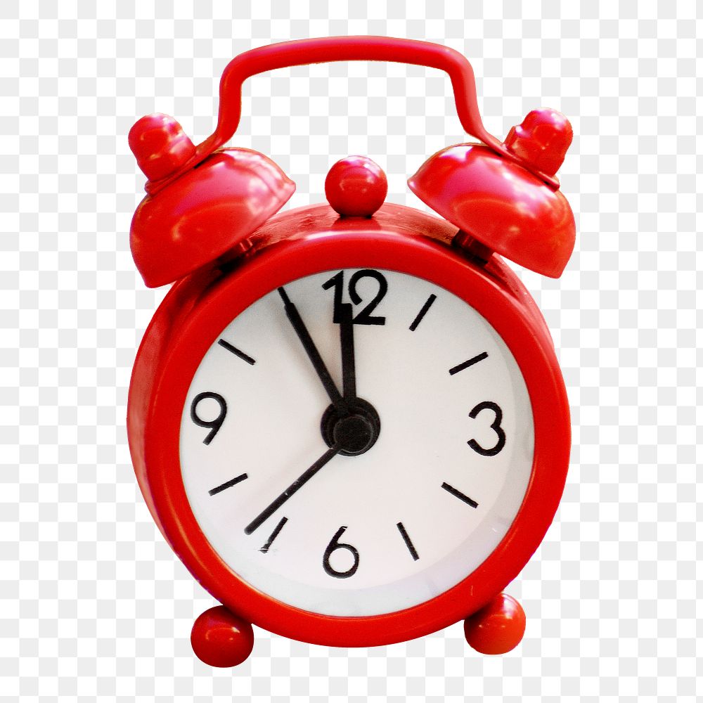Png red alarm clock, isolated object, transparent background