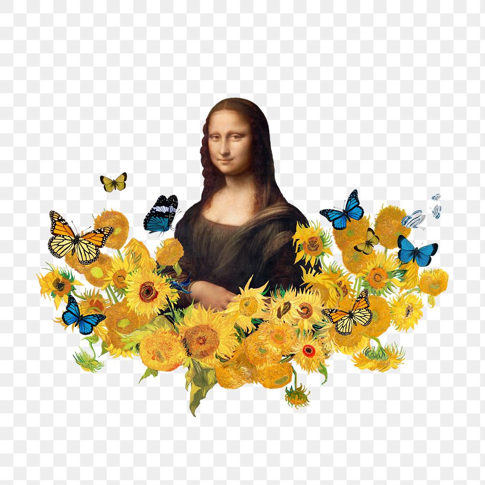 Mona Lisa png sticker, Van Gogh's sunflower, transparent background. Remixed by rawpixel.