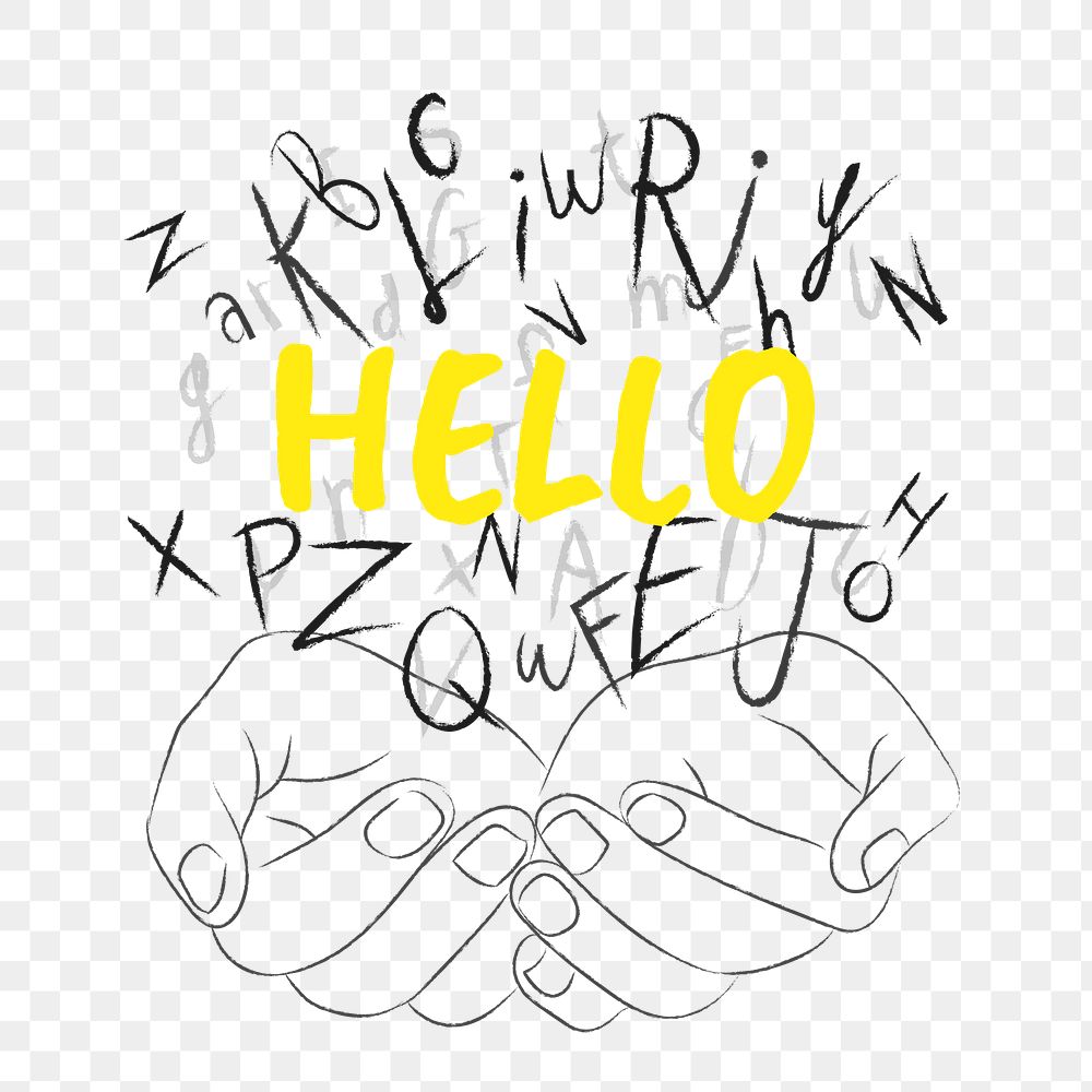 Hello word png sticker, hands cupping alphabet letters on transparent background