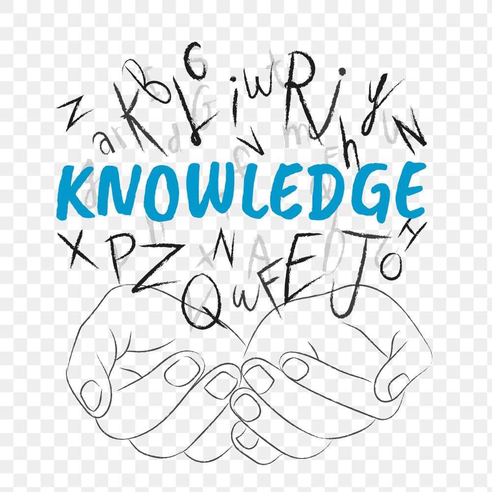 Knowledge word png sticker, hands cupping alphabet letters on transparent background
