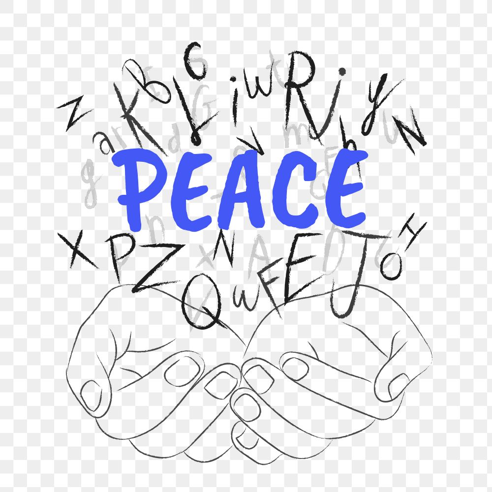 Peace word png sticker, hands cupping alphabet letters on transparent background