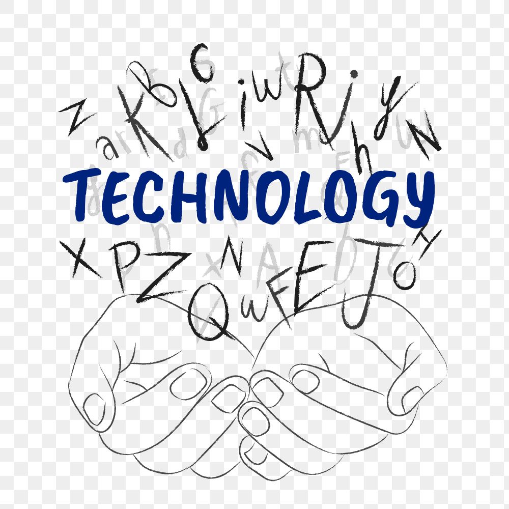 Technology word png sticker, hands cupping alphabet letters on transparent background