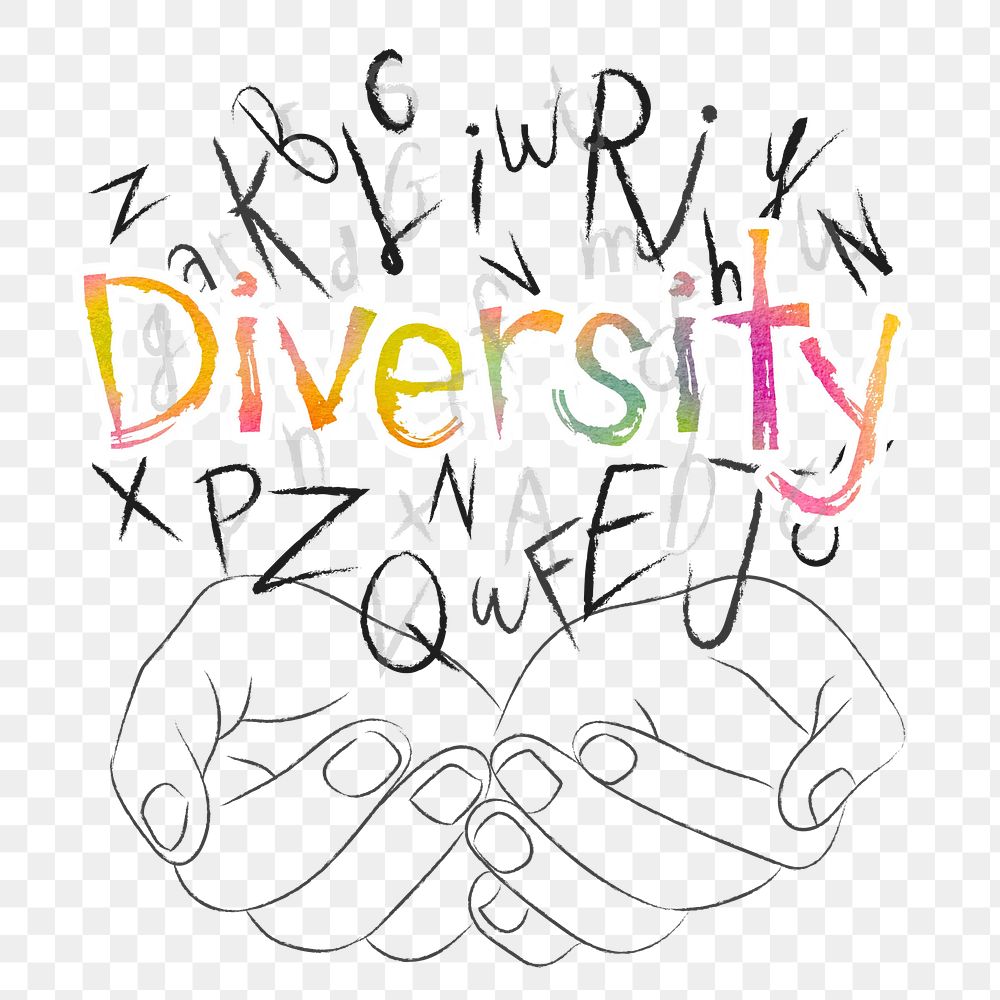 Diversity word png sticker, hands cupping alphabet letters on transparent background