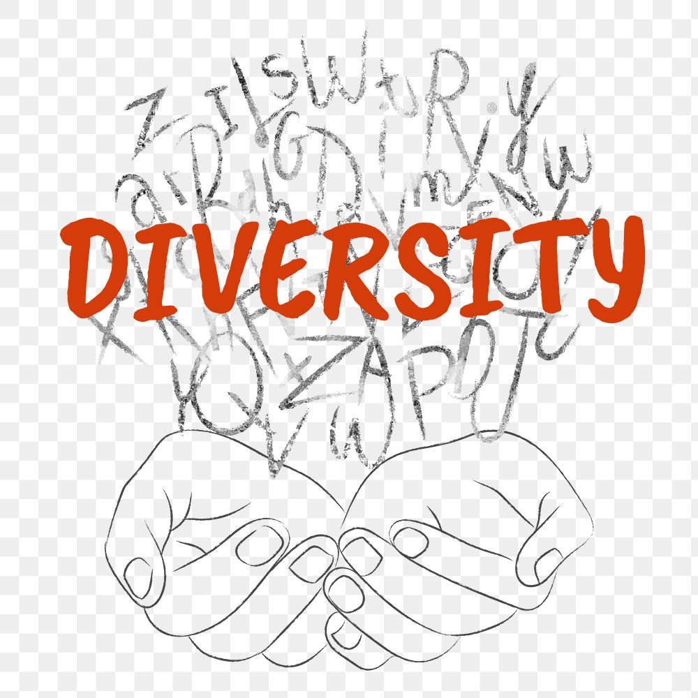 Diversity word png sticker, hands cupping alphabet letters on transparent background