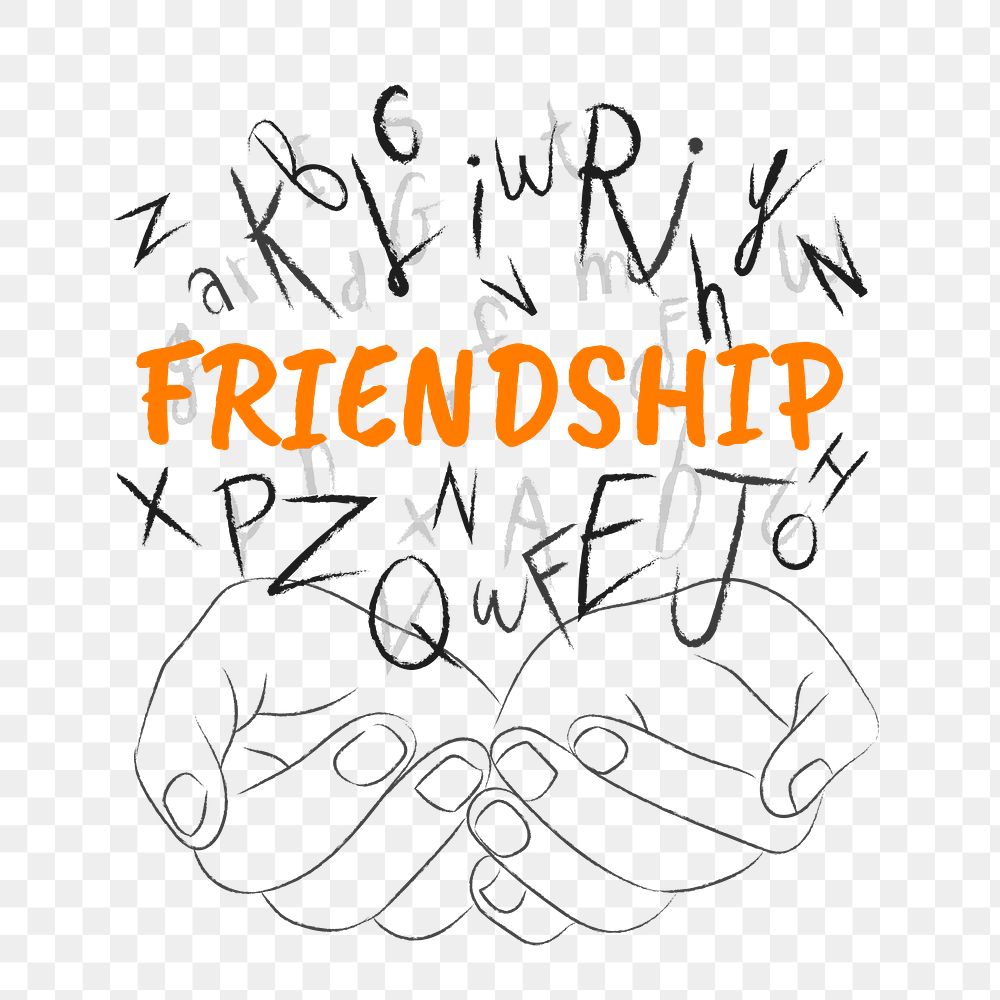 Friendship word png sticker, hands cupping alphabet letters on transparent background