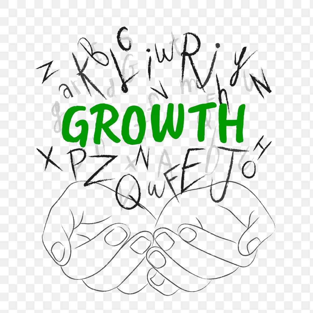 Growth word png sticker, hands cupping alphabet letters on transparent background
