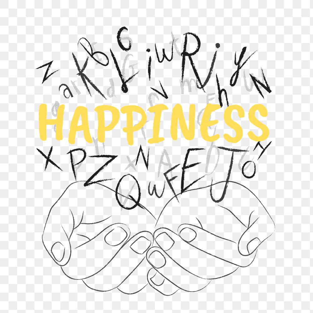 Happiness word png sticker, hands cupping alphabet letters on transparent background