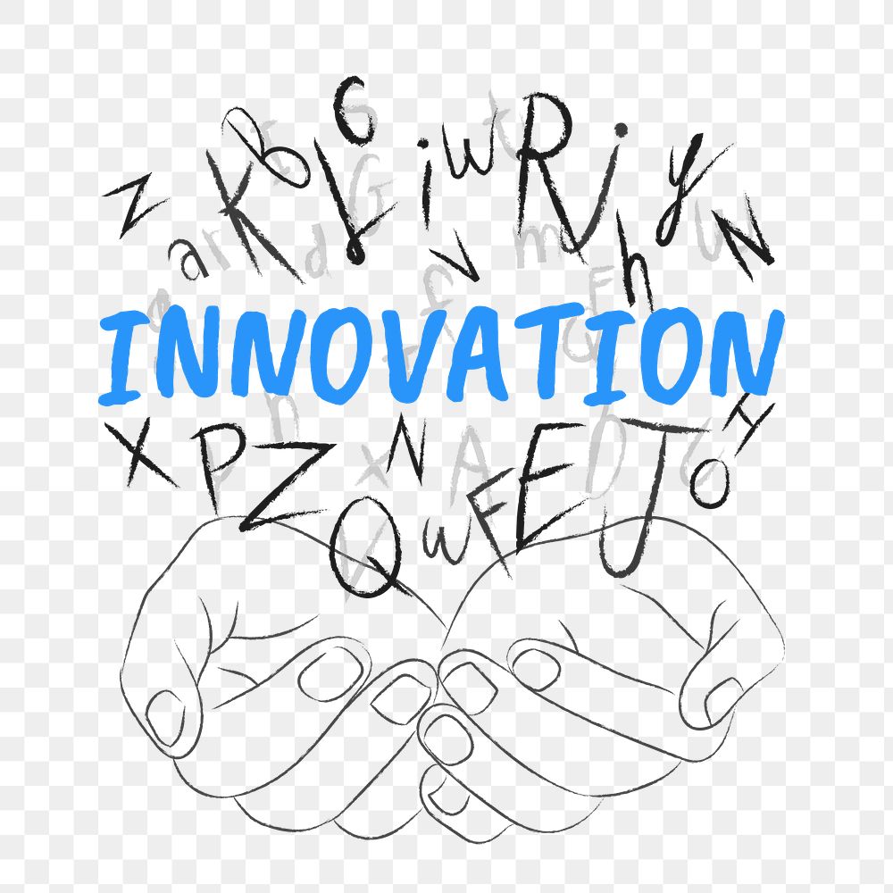Innovation word png sticker, hands cupping alphabet letters on transparent background