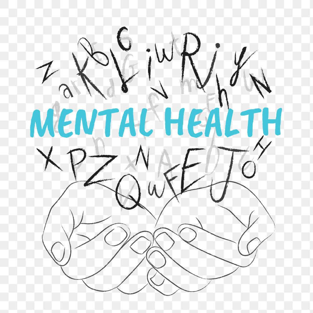 Mental health words png sticker, hands cupping alphabet letters on transparent background