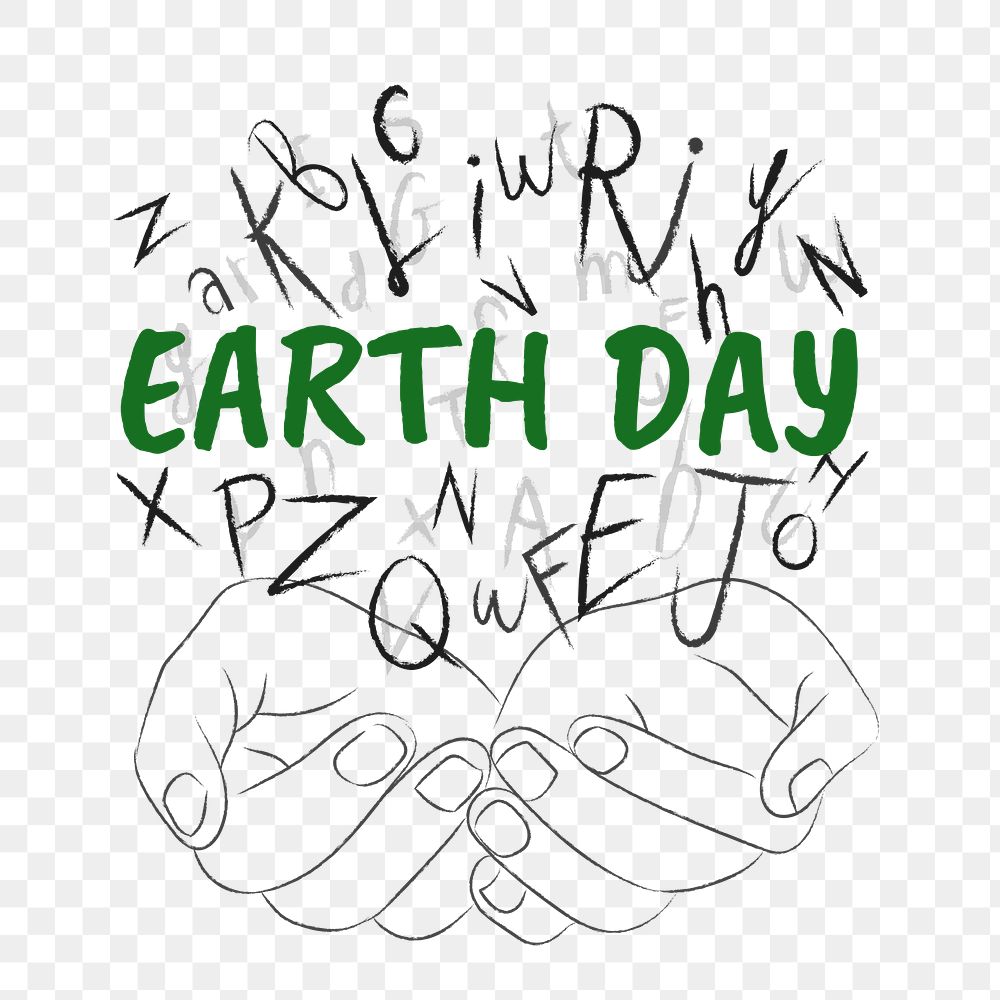 Earth day words png sticker, hands cupping alphabet letters on transparent background