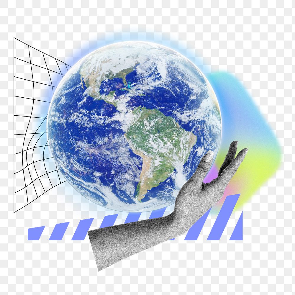 Hand presenting globe png, environment remix, transparent background