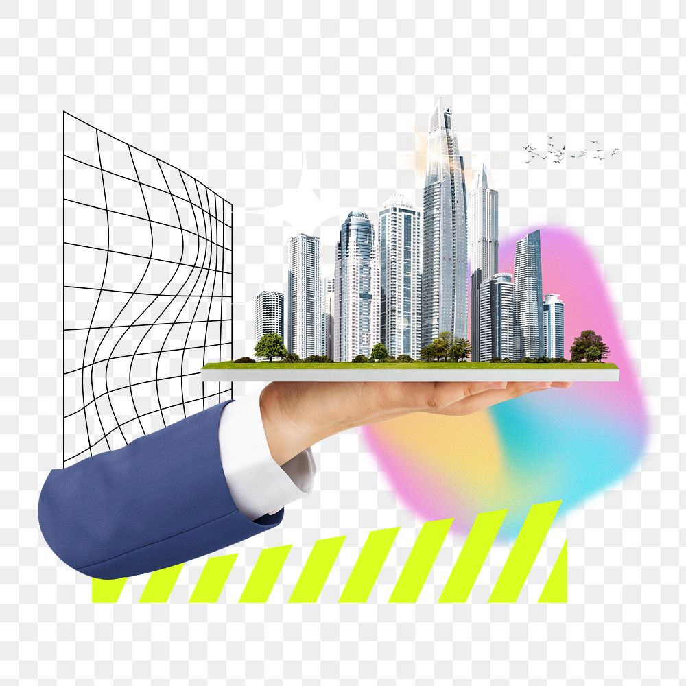 Hand presenting png green city, creative collage art, transparent background