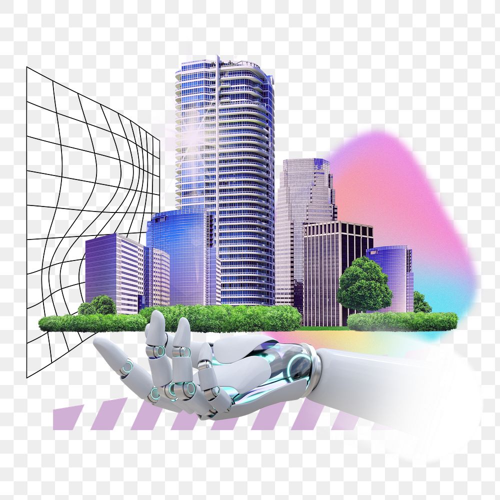 Smart city png remix, robot hand image, transparent background