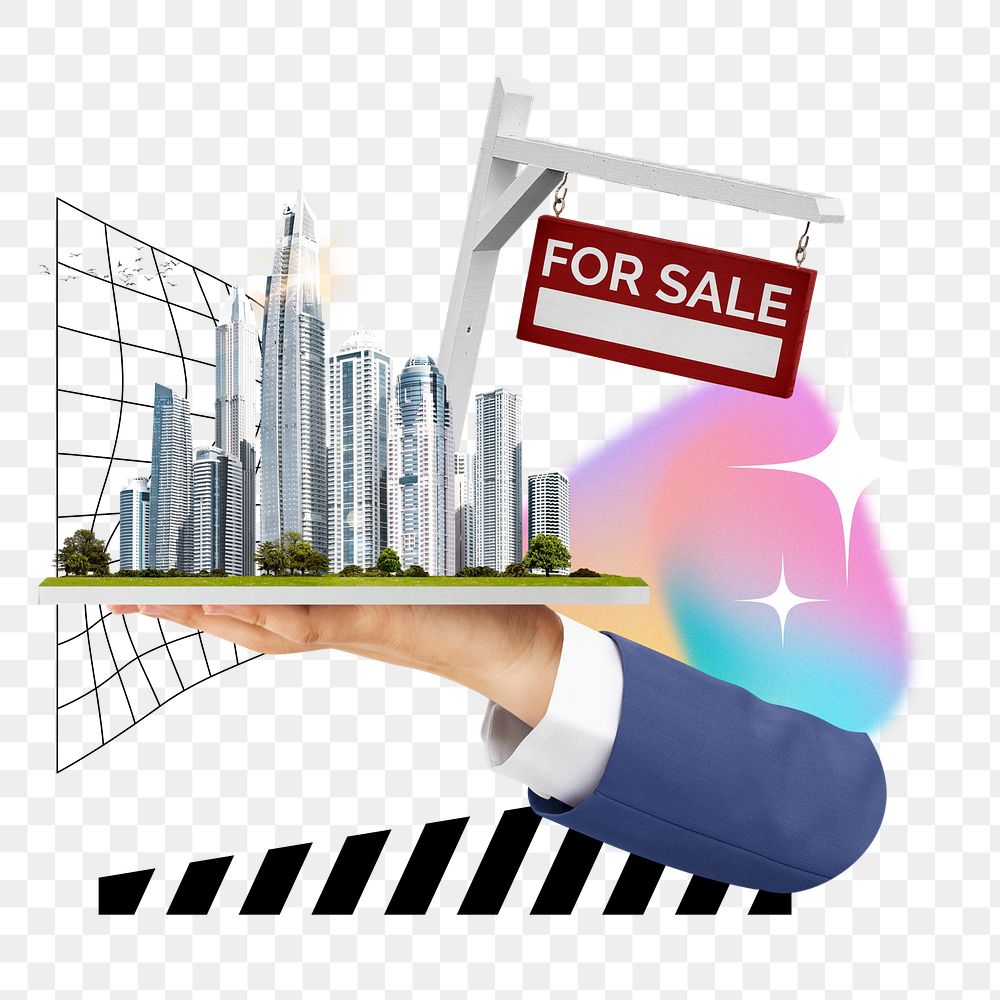 Hand presenting png city, real estate remix, transparent background