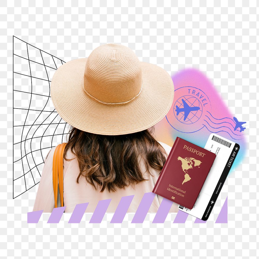 Woman with passport png, creative travel remix, transparent background