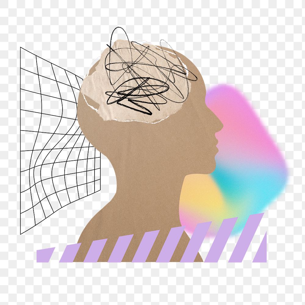 Scribbled brain png, mental health remix, transparent background