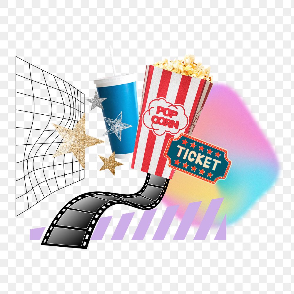 Popcorn png, drink & movie, creative entertainment remix, transparent background