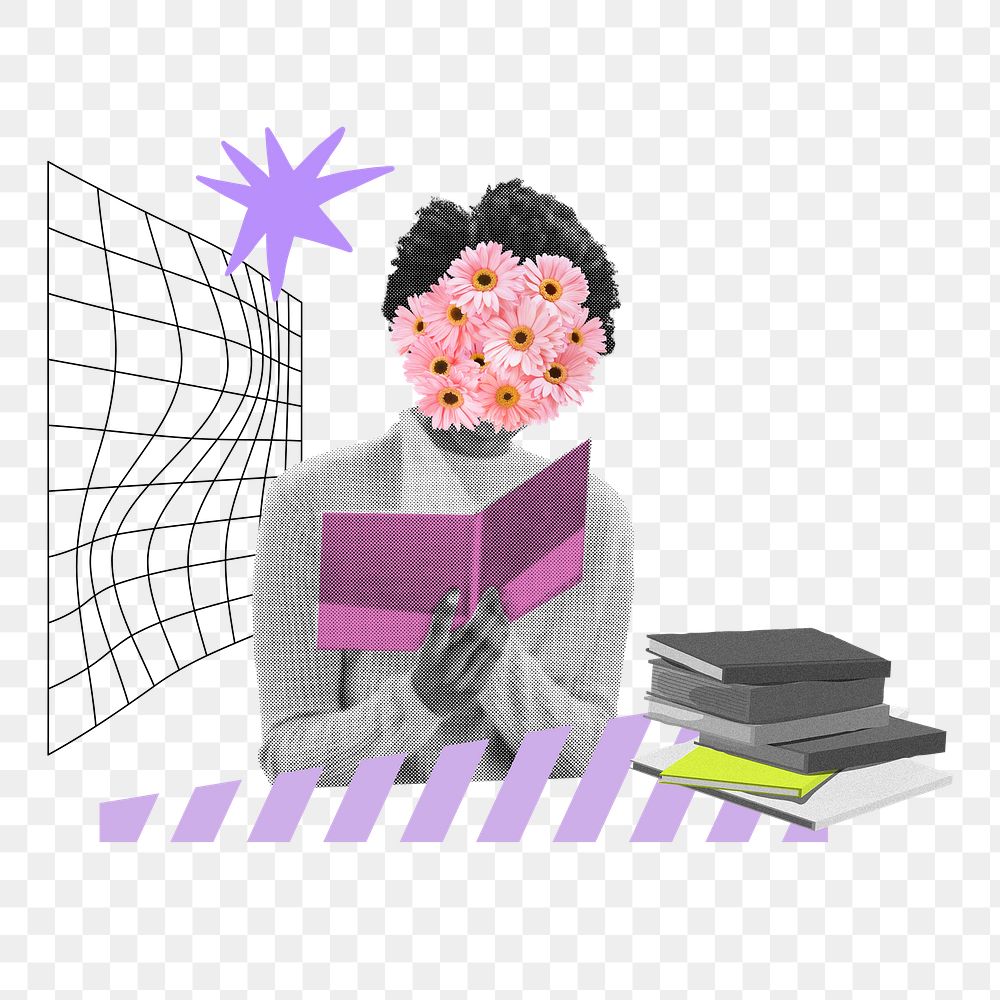 Woman reading book png, creative education remix, transparent background