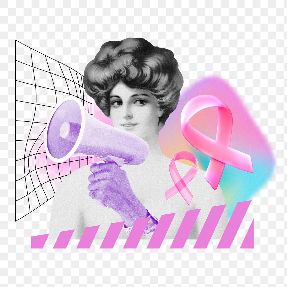 Breast cancer png awareness remix, woman holding megaphone, transparent background