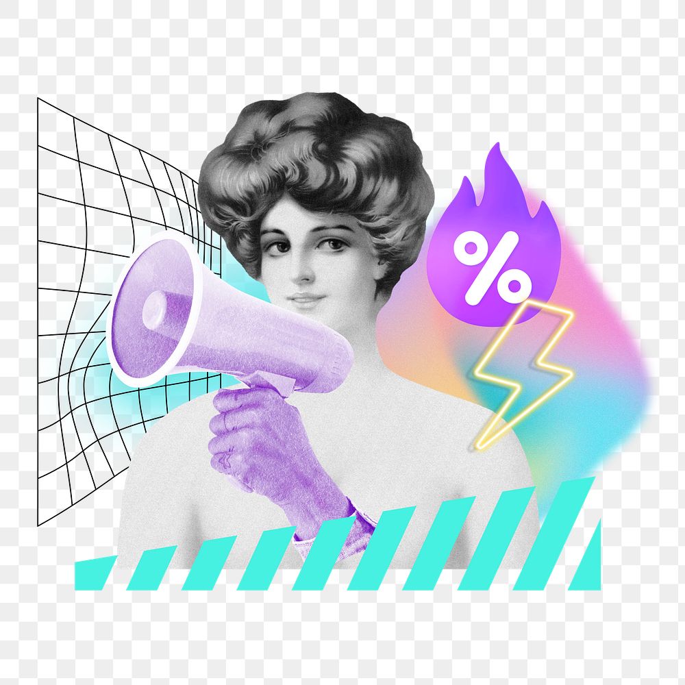 Creative sale png, shopping remix with woman holding megaphone, transparent background