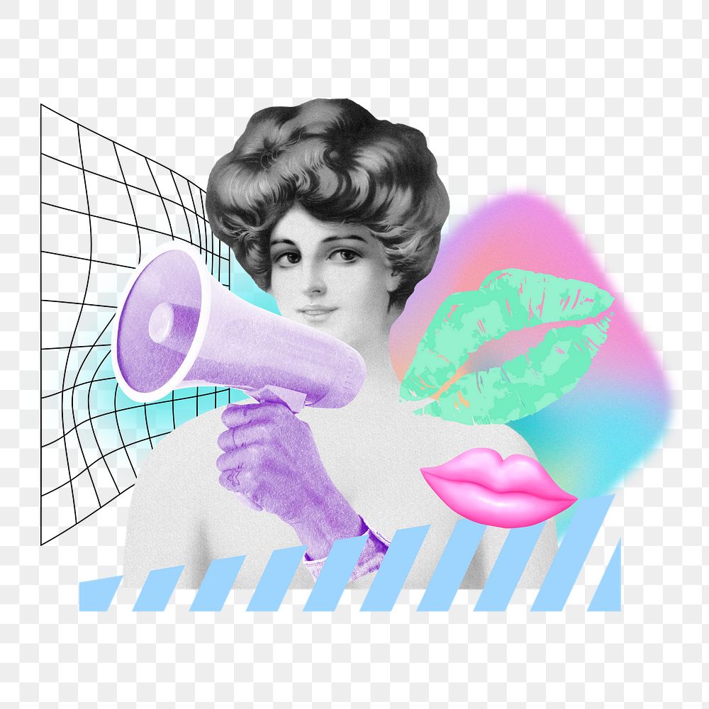 Woman holding megaphone png, online dating remix, transparent background
