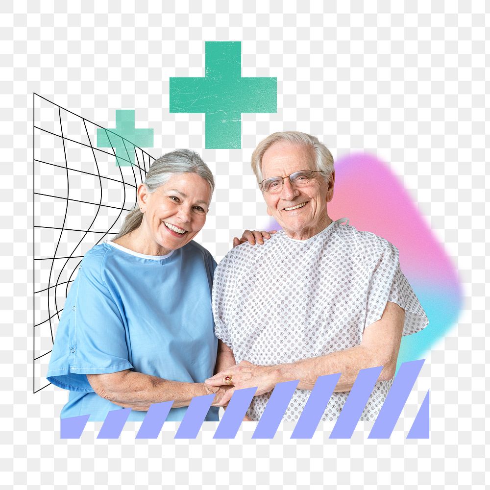 Senior healthcare png remix, old couple smiling image, transparent background