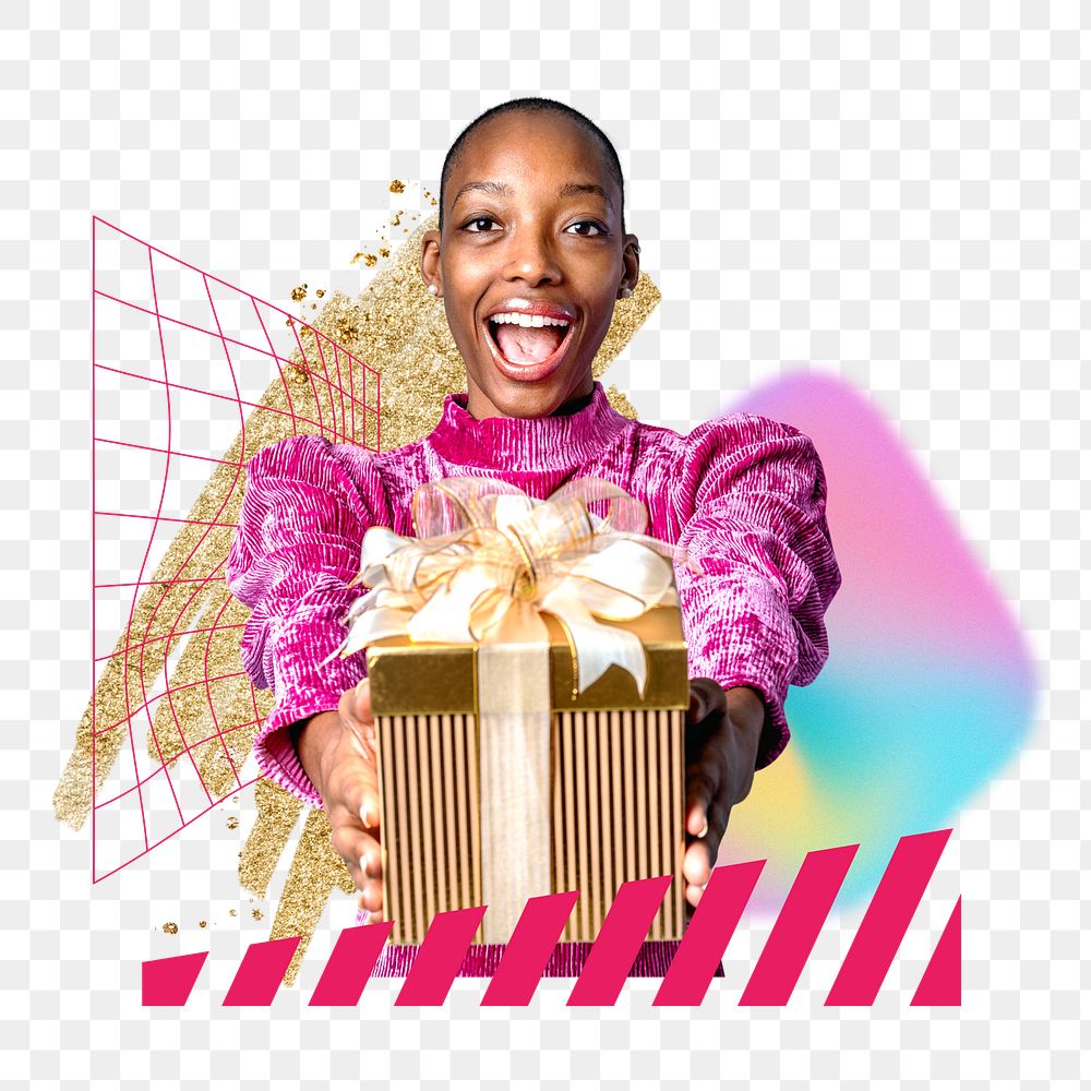 Woman png holding birthday gift, celebration remix, transparent background