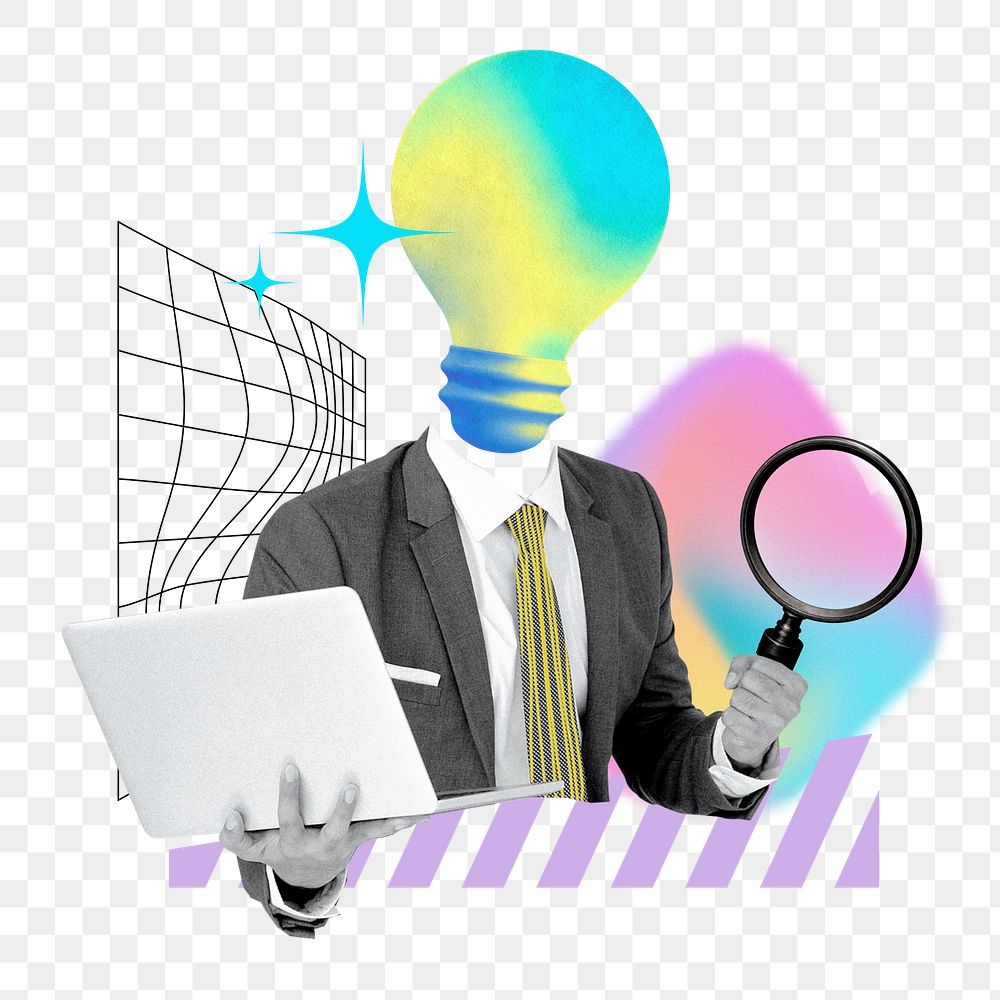 Creative businessman png holding magnifying glass, business remix, transparent background
