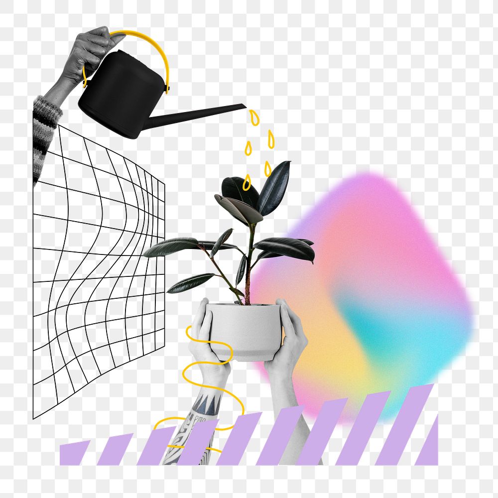 Hand watering plant png, creative hobby remix, transparent background