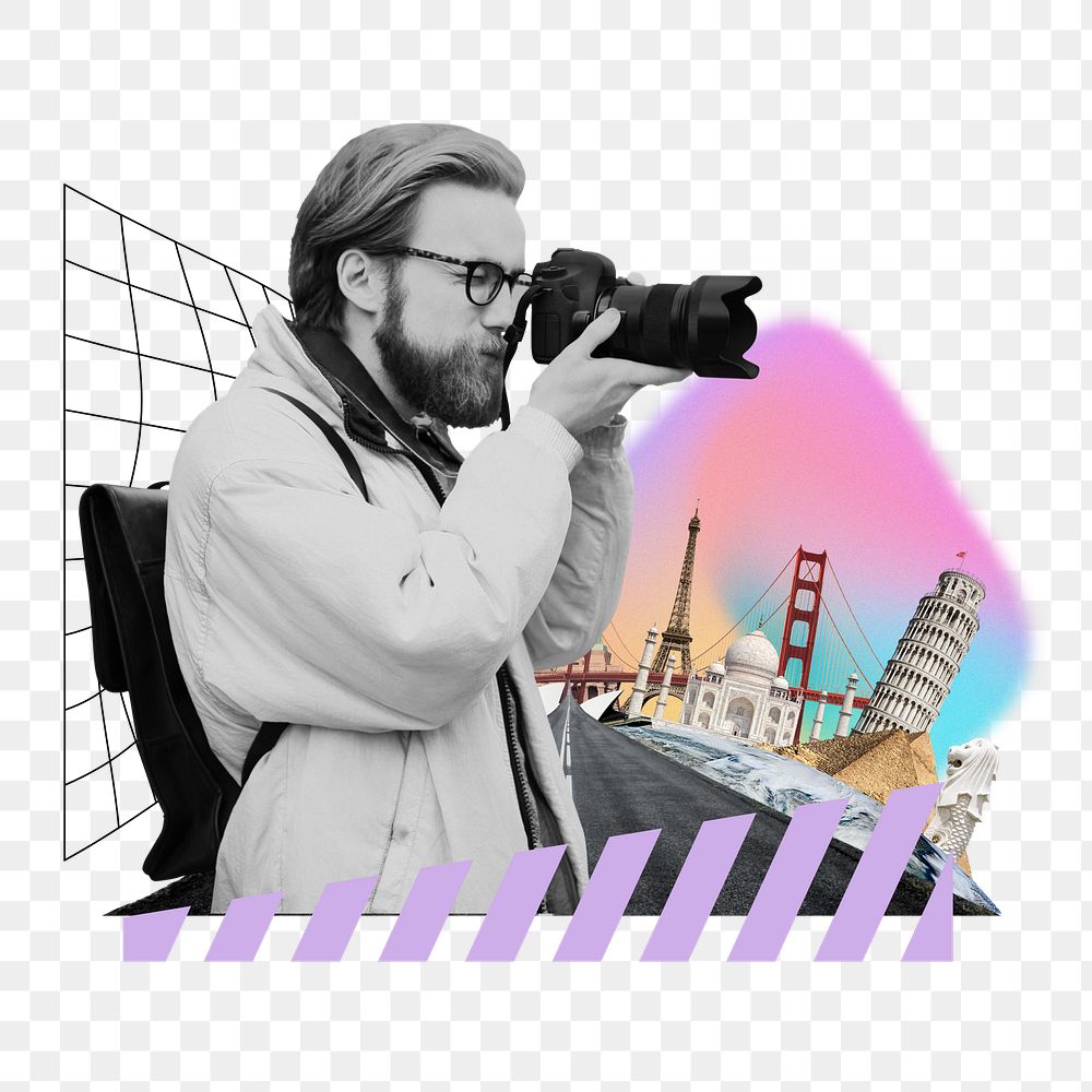 Photographer png travel the world, creative remix, transparent background