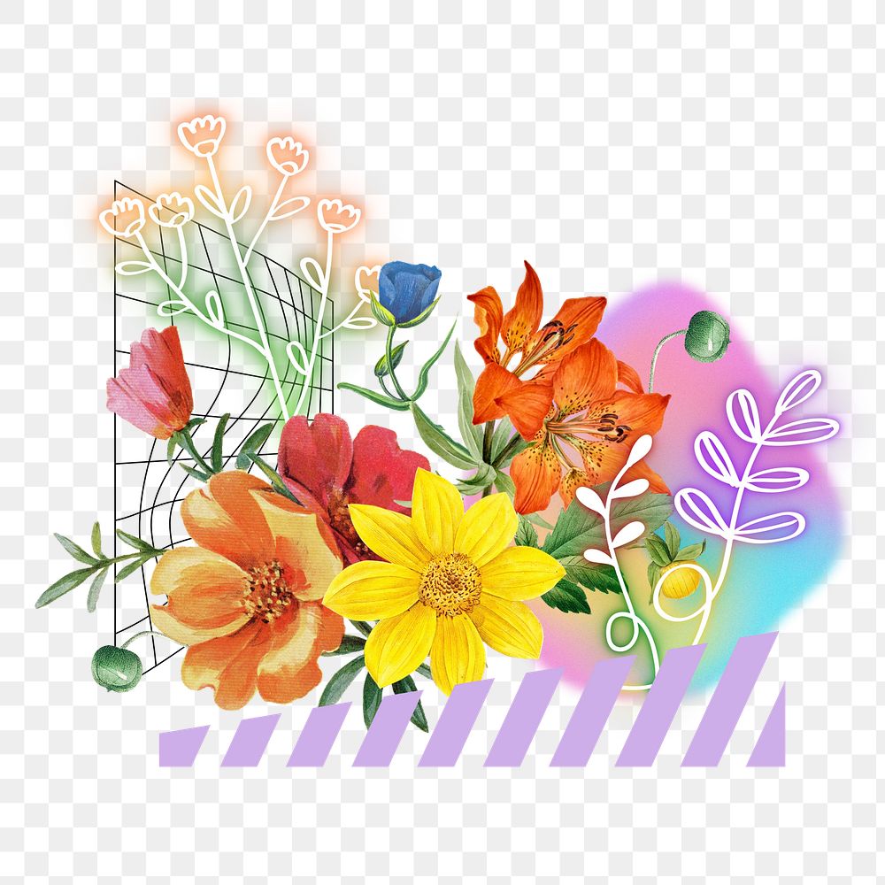 Colorful spring png flowers, aesthetic remix, transparent background