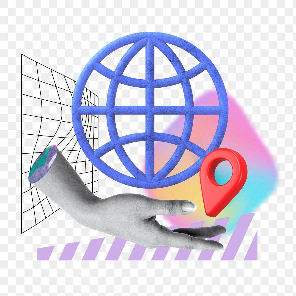 Hand png presenting grid globe, business communication remix, transparent background