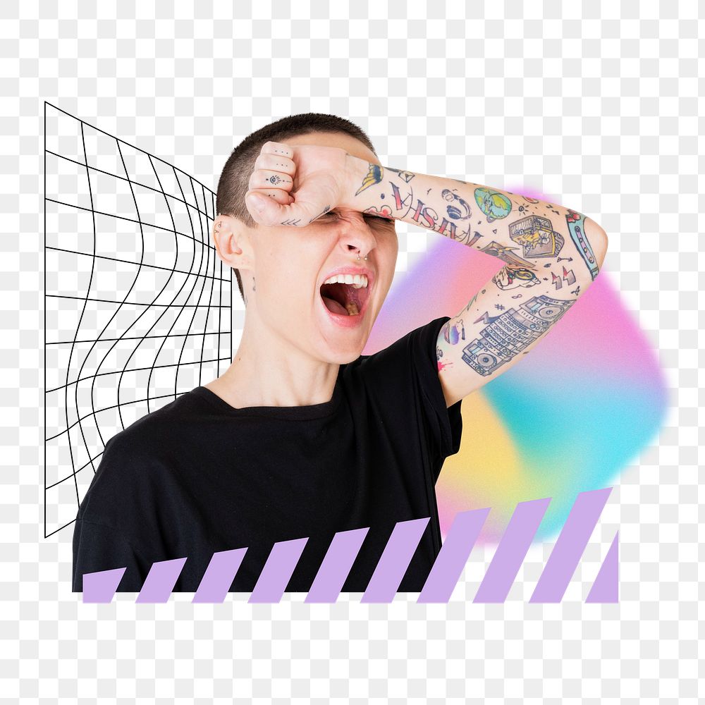 Tired tattooed woman png yawning, creative remix, transparent background