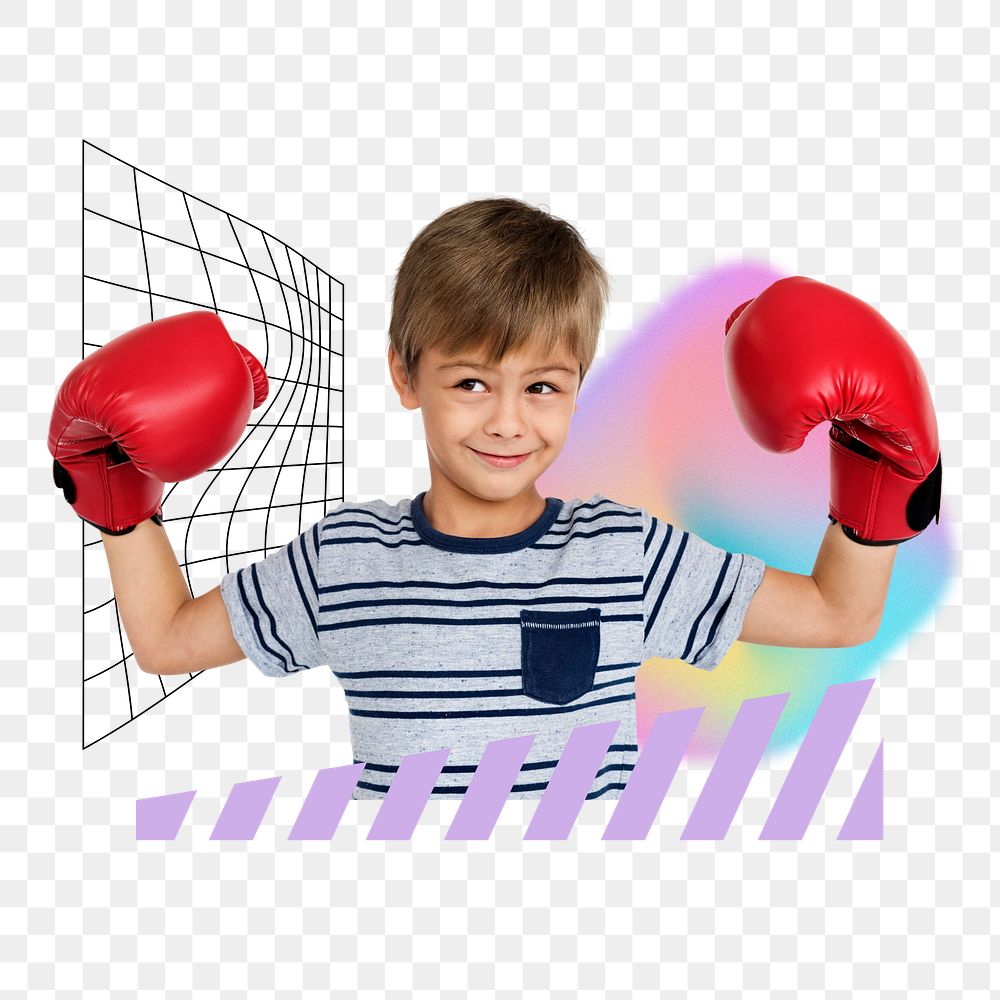 Boy wearing boxing glove png, sport hobby remix, transparent background