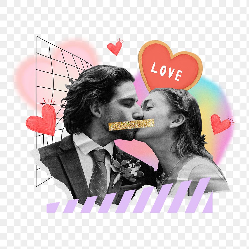 Kissing couple png, creative love remix, transparent background
