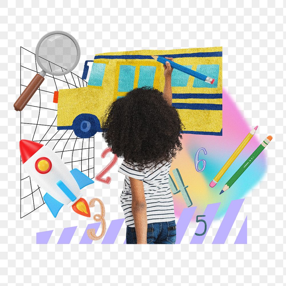 Little girl drawing png, creative education remix, transparent background