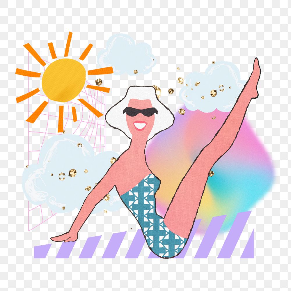Sunbathing woman png, creative holiday remix, transparent background