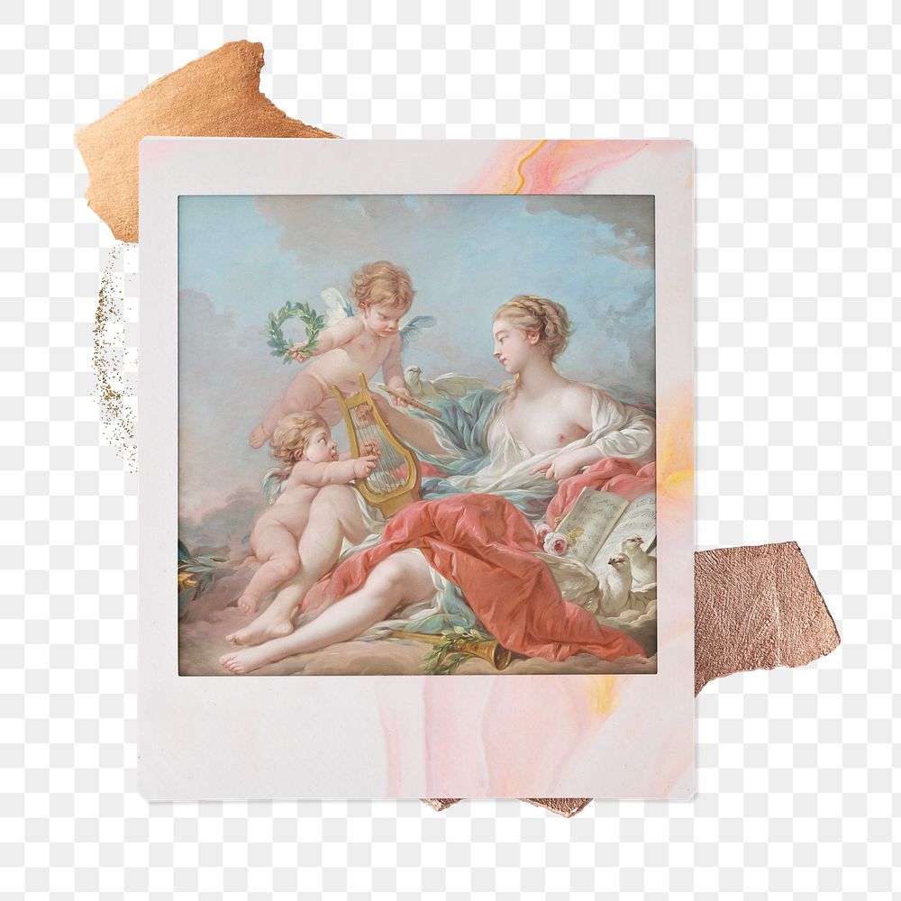 Allegory of Music png sticker, Fran&ccedil;ois Boucher's artwork in instant film transparent background. Remixed by rawpixel.