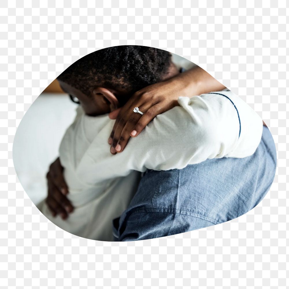 Hugging couple png badge element, transparent background