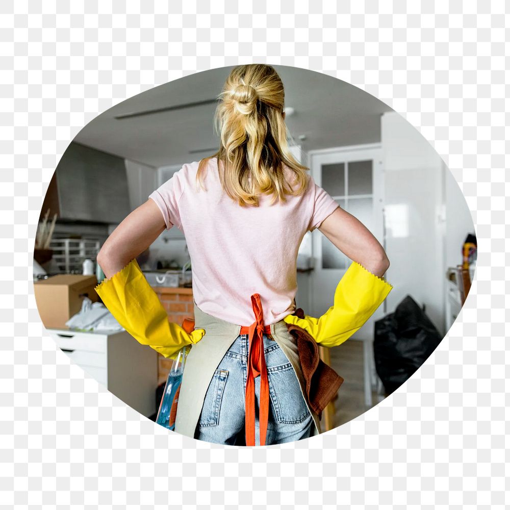 Cleaning lady png badge element, transparent background