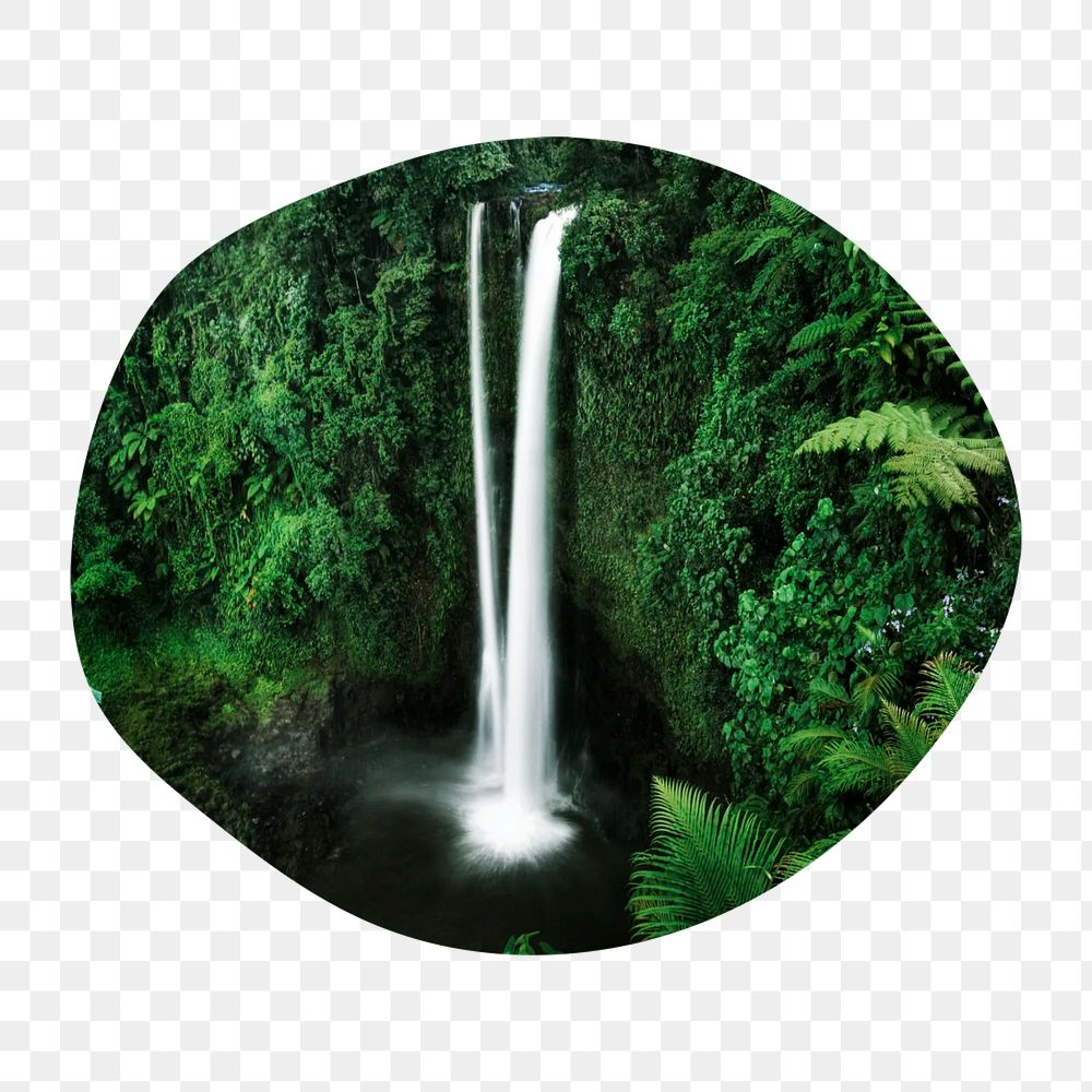 PNG Waterfall in a forest badge element, transparent background