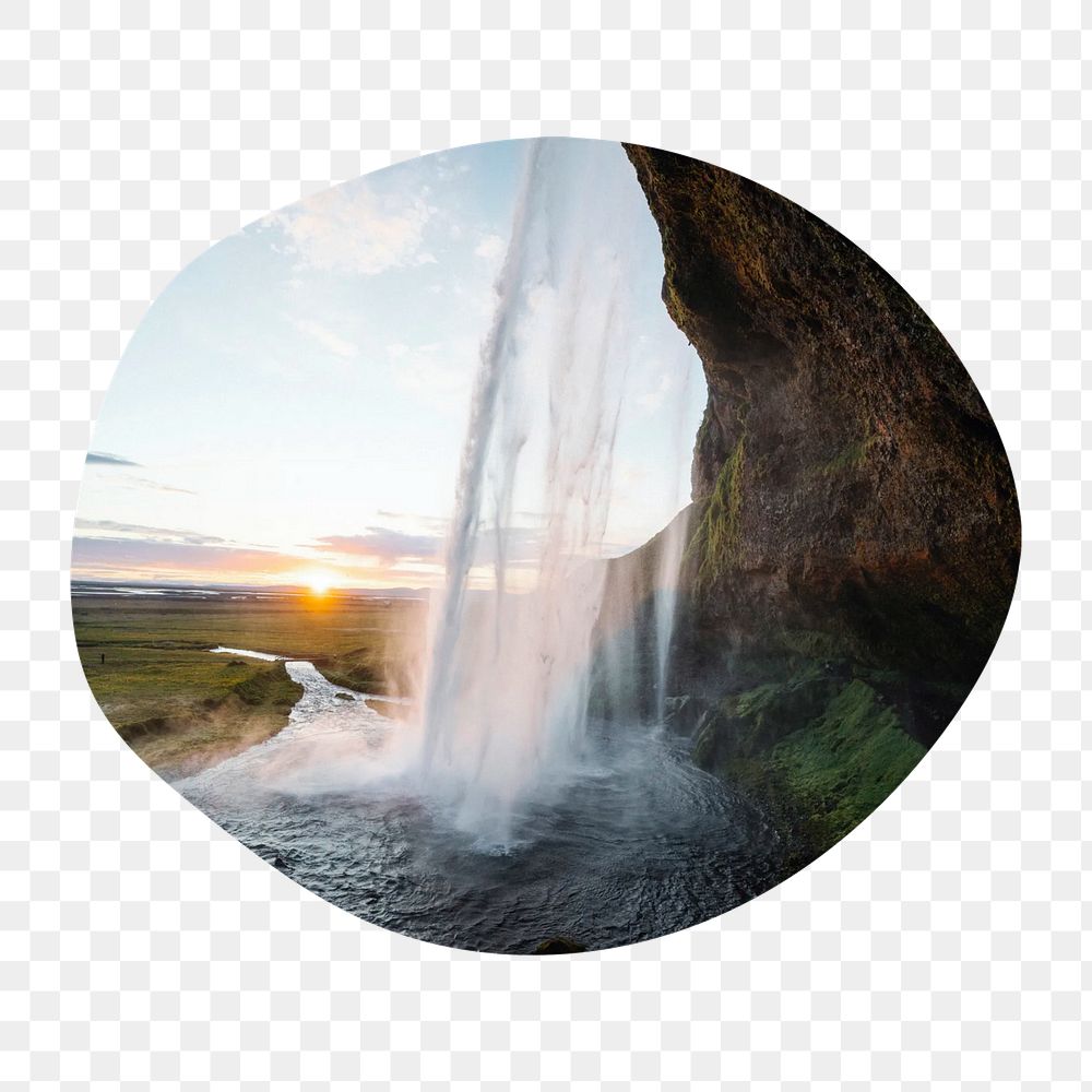 Iceland waterfall png badge element, transparent background